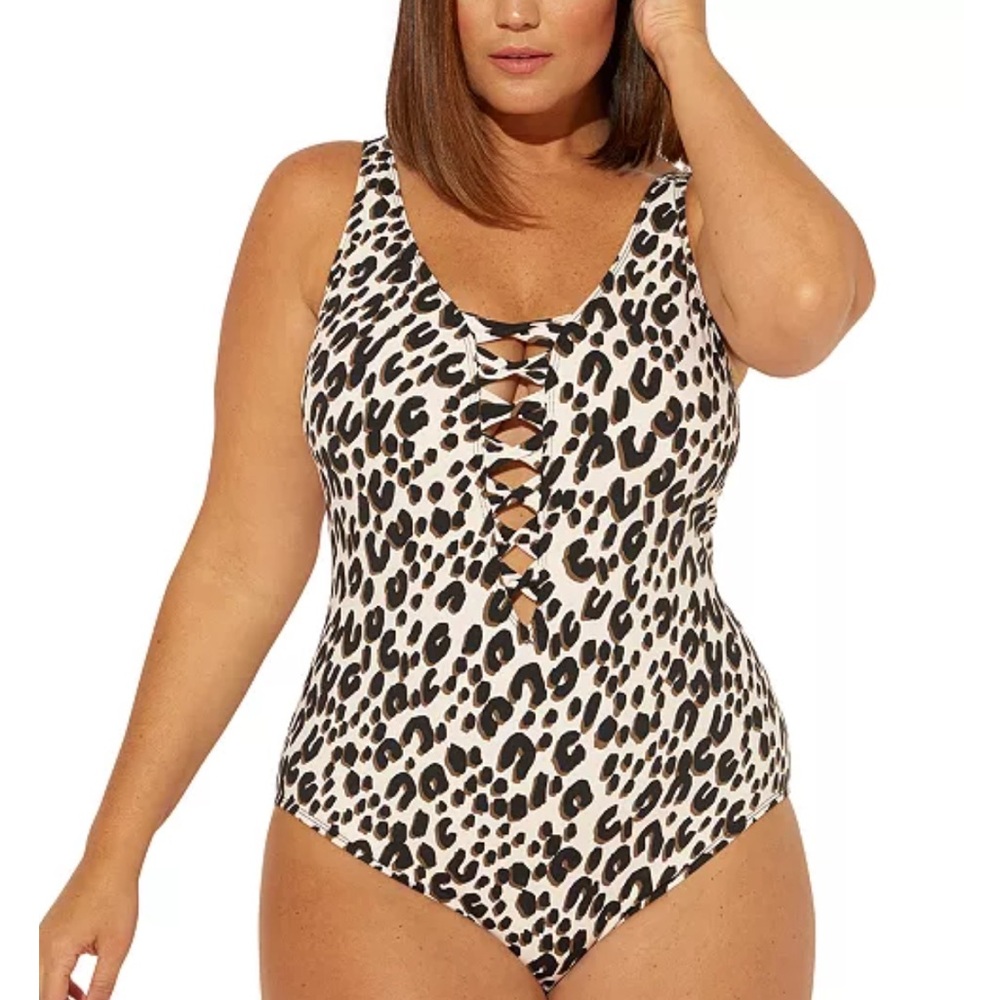 Bleu by Rod Beattie Leopard-Print Strappy One-Piece White Brown Swimsuit Size 12